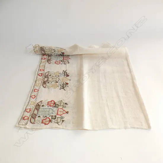 19thC Embroidered Turkish towel, with geometric designs to two sides. 660 x 420mm.